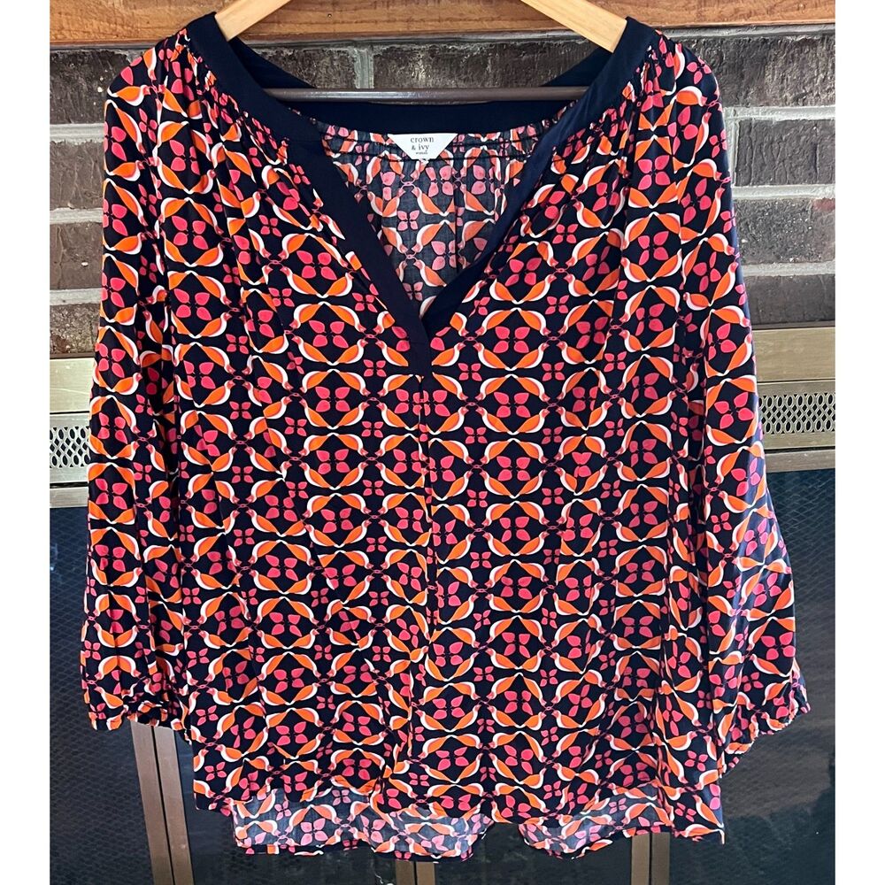 Crown & Ivy Red, Pink & Orange Bird Design Rayon Summer Blouse Size XL